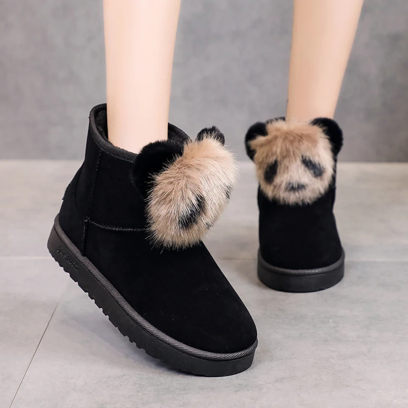 

2019 flock winter boots women round toe Anti-slip Solid color cute Panda short plush wram Snow boots ankle boots for women