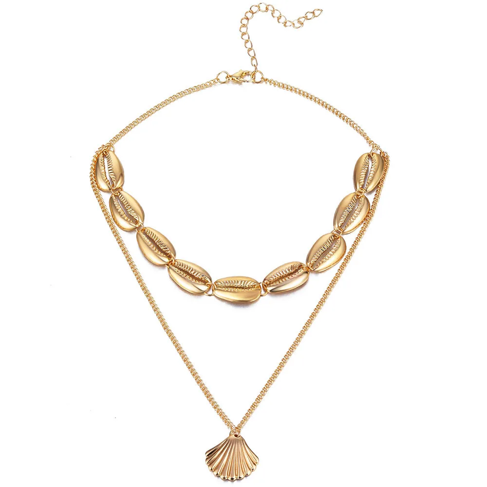 

Europe And America Versitile Fashion Metal Textured Double Layer Necklace Alloy Shell Scallop Pendant Necklace Ethnic-Style Neck