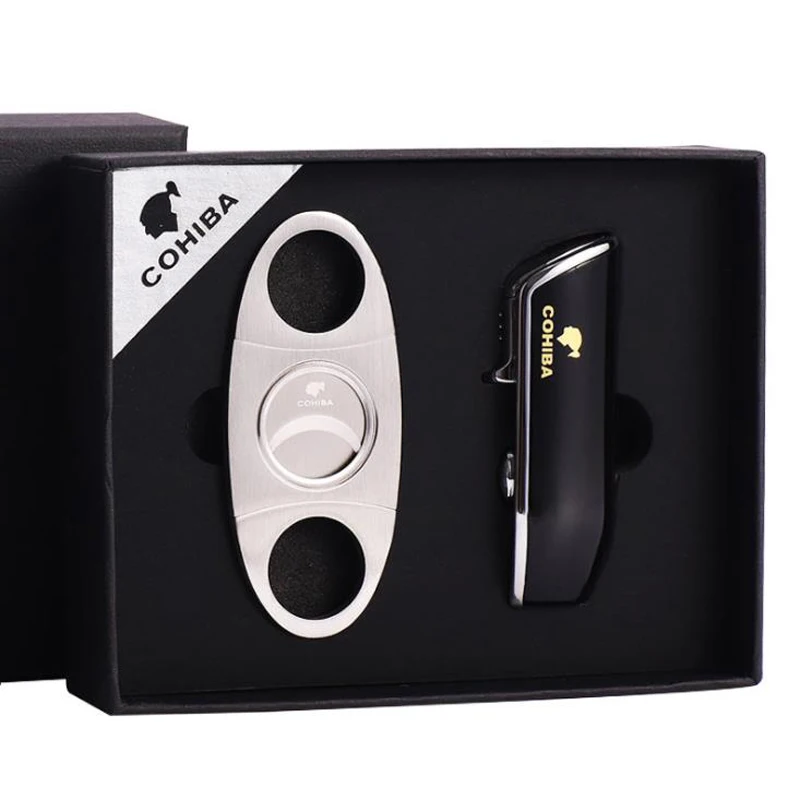 

COHIBA Smoking Gadget Metal Cigarette Cigar Lighter 3 Torch Flame Windproof Cigar Lighters With Cigar Punch Cutter Set