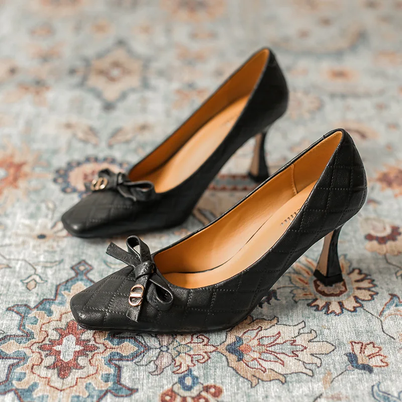 

2021 New Pumps for Women Brand Designer Lady Butterfly Knot Square Toe Shallow 7 CM Heels Female Wedding Party Office Work Shoes