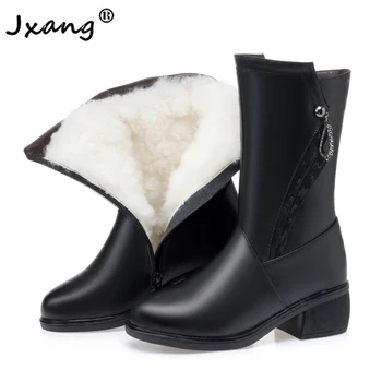 

JXANG New Fashoion Winter Mid Calf Boots Women Black Real Cowhide Wool Platform Warm Wool Snow Boots Women Big Size 42 43