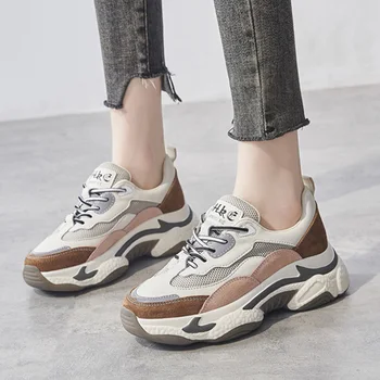 

Spring Clunky Sneakers Women Daddy Shoes Genuine Leather Women Shoes Breathable Mesh Shoes Thick Sole Woman Sneakers YX2157