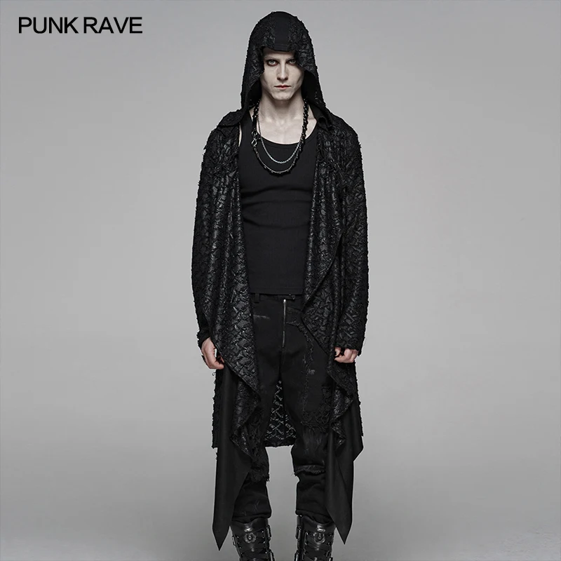 

PUNK RAVE Men's Gothic Vintage Visual Kei Dark Knitted Loose Hooded Long Coat Party Club Cosplay Outcoat with Side Have Pockets