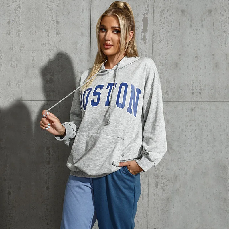 

Fashion Casual Loose Letter Print Gray Women Pullovers Tops Hoodie Hooded Autumn Spring Cotton Sweatshirts Pocket Ladies Hoodies