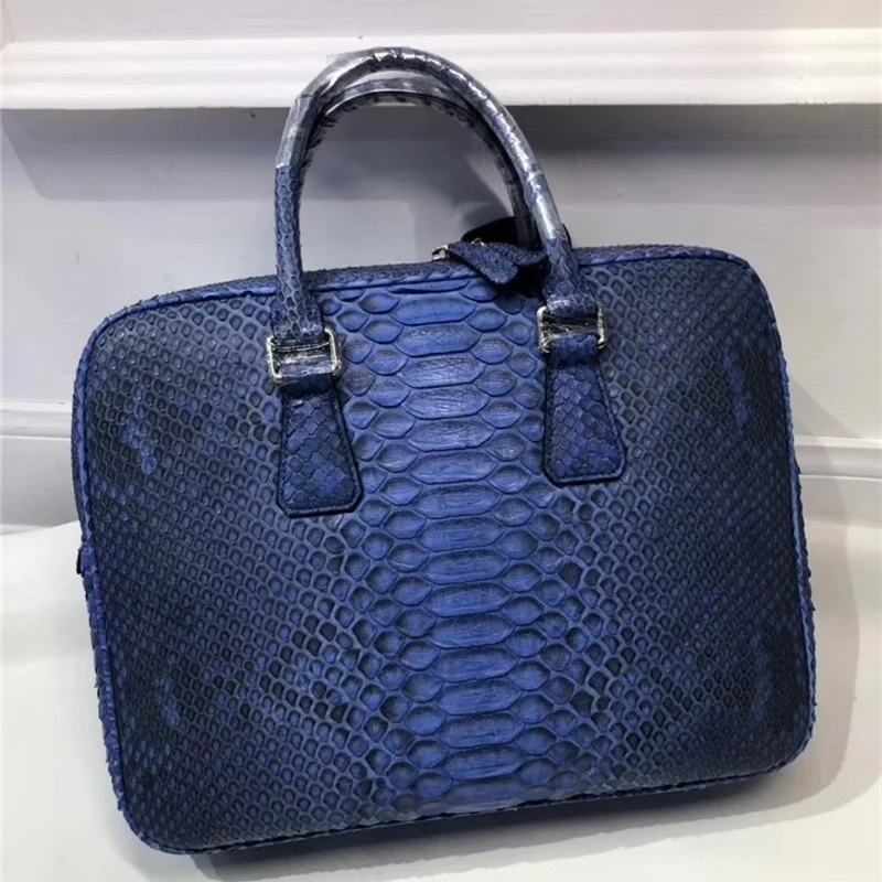 Business Style Genuine Python Leather Zipper Closure Men's Large Portfolio Handbag Authentic Snakeskin Male Laptop Briefcase - Цвет: Синий