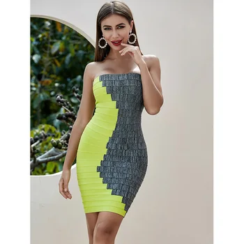 

2020 Summer Women Sleeveless Bandage Dress Sexy Strapless Patchwork Bodycon Mini Club Celebrity Runway Party Dress Vestidos