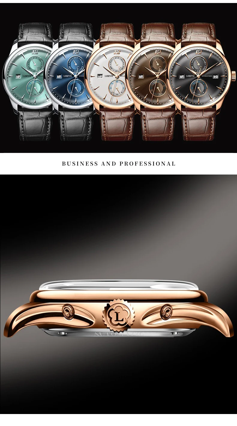 LOBINNI автоматические часы для мужчин Элитный бренд, механические самостоятельно ветер наручные кожаный браслет для часов платье reloj hombre неделя, месяц, дата