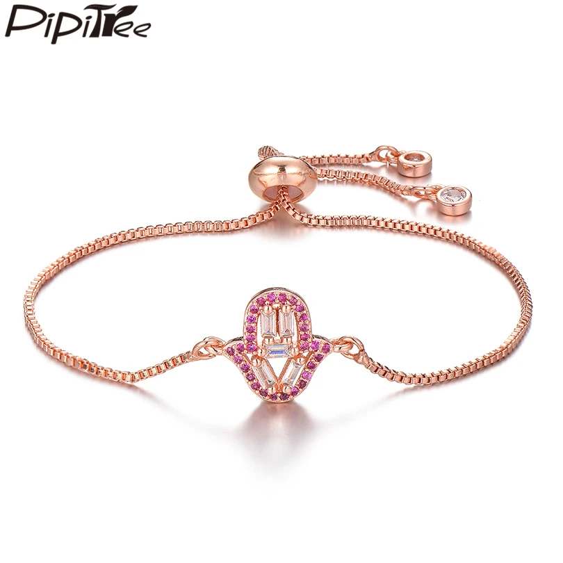 

Pipitree Square Cut Cubic Zirconia Hamsa Hand Charm Bracelet Copper Slider Chain Pink CZ Crystal Bracelets for Women Jewelry