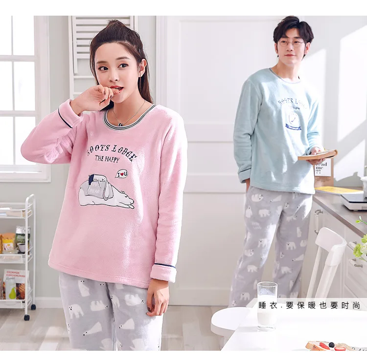 Новые осенние/зимние фланелевые пары пижамы утепленные, с длинными рукавами корейские мужчины и женщины Коралловая шерсть можно носить вне дома