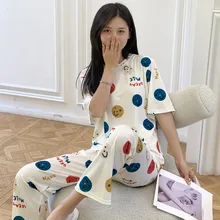 Summer Short-sleeved with Trousers, Casual Fashion Home Wear, Cute Cartoon Ladies Two-piece Pajamas Kawaii Two Piece Set Summer