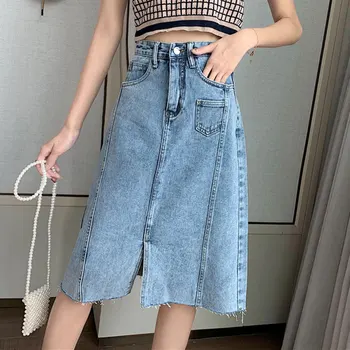 

2020 Summer Mid-length Denim Skirt Female Fashion Stitching Package Hip A-Line High Waist Split Skirt