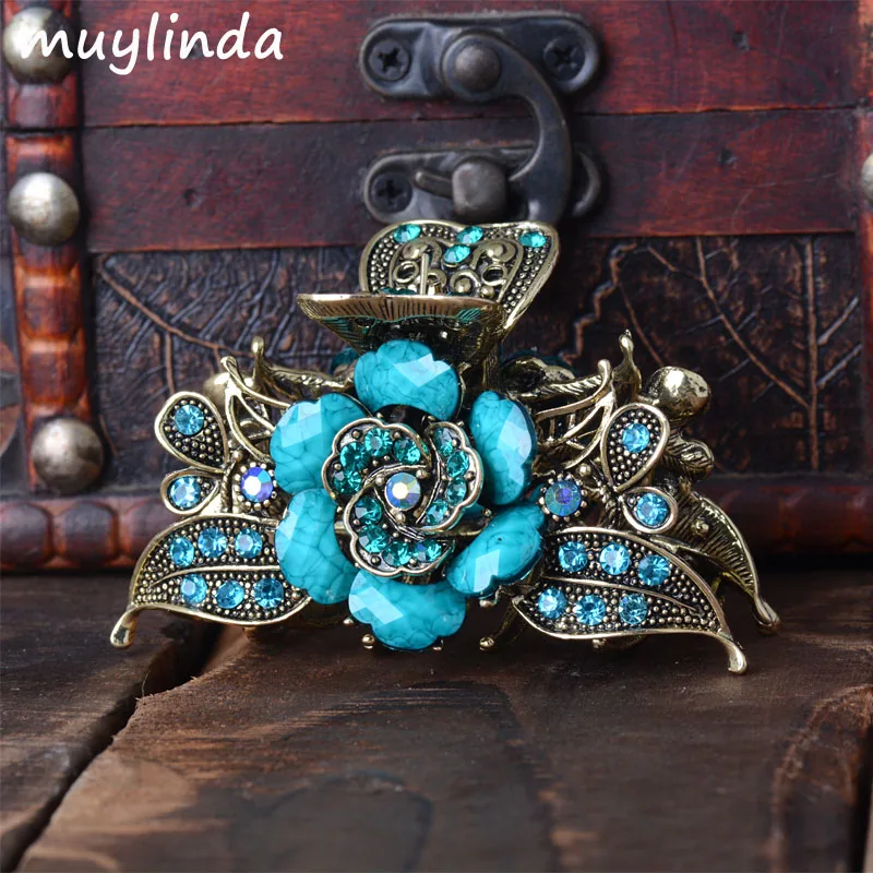 Vintage Hair Jewelry Antique Metal Flower Hair Claws Rhinestones Clip For Women Girls