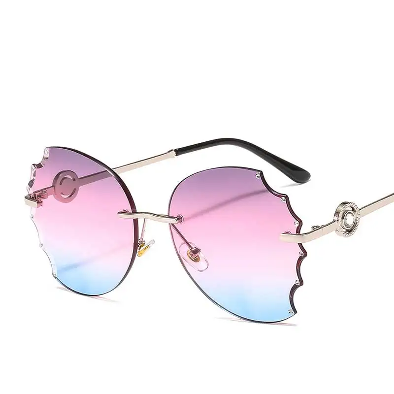 Роскошные женские солнцезащитные очки без оправы женские брендовые дизайнерские алмазные режущие линзы винтажный в форме цветка солнцезащитные очки для женских оттенков - Цвет линз: purple blue