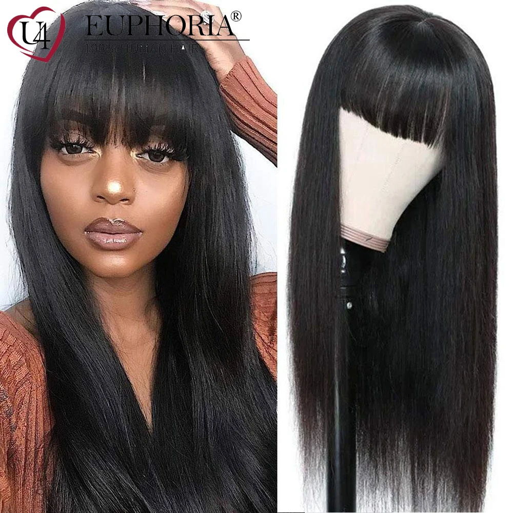 Brazilian Straight Hair Full Machine Made Cheap Wigs 150% Density Bob Wigs 100% Human Hair Wigs With Bangs 8-28Inch EUPHORIA