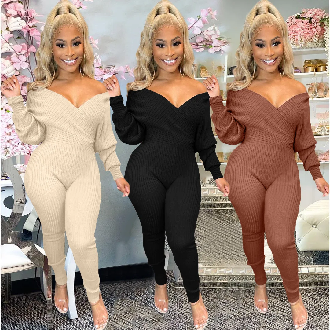 

Classy casual winter clothing off shoulder ribbed v neck rompers women bodycon jumpsuit 2022