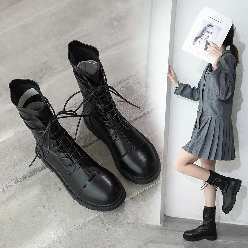 

Autumn And Winter Flat Heel Lace-up British-Style Martin Boots Women's Waterproof Platform Anti-slip Middle Boots Classic Style