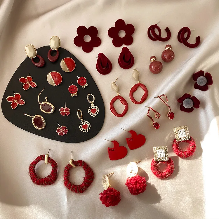 2019 Simple Korean Girl Cute Wool Flowers Geometric Red Earrings Princess Drop Wholesale for Women Fashion Jewelry Gift | Украшения и