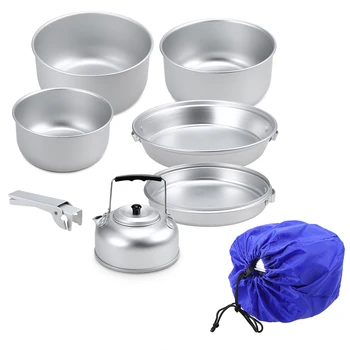

Outdoor Camping Kitchen Cookware Set Portable Lightweight Anodized Aluminum Cookset Cooking Pot Pan Tea Kettle Set with Handle