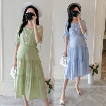 

Maternity dress summer new short-sleeve square collar solid color cake chiffon maternity dress wild stitching dress