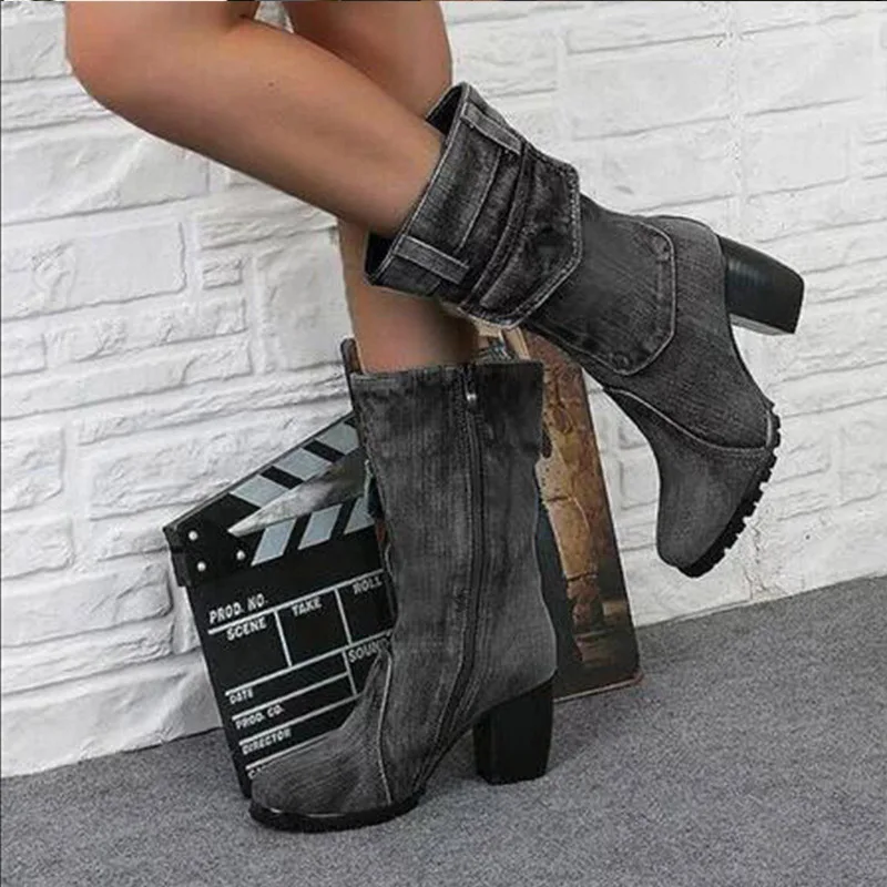 

Autumn Fashion Denim Boots for Women High Top Solid color Large Size Shoes Woman Slip-On Chunky Mid-Heels Boots chaussures femme