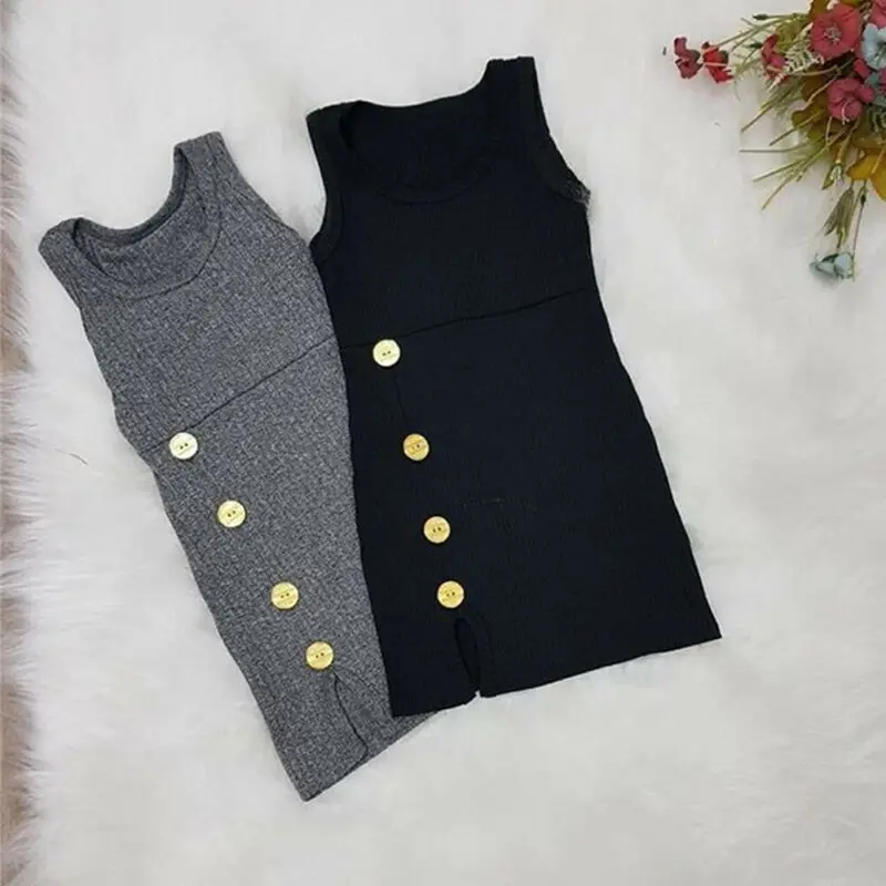 

2020 Brand New Baby Girls Sleeveless Toddler Kids Plain Party Sleeveless Casual Dress Clothes Outfits 4 colors