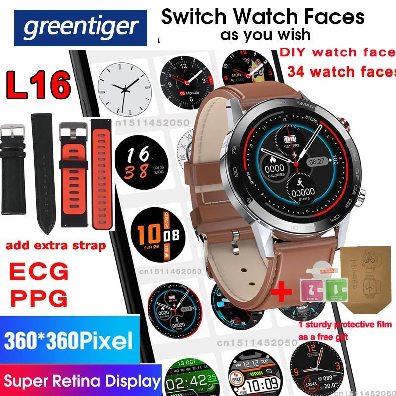 Greentiger L16 Смарт часы для мужчин ECG PPG пульсометр кровяное давление IP68