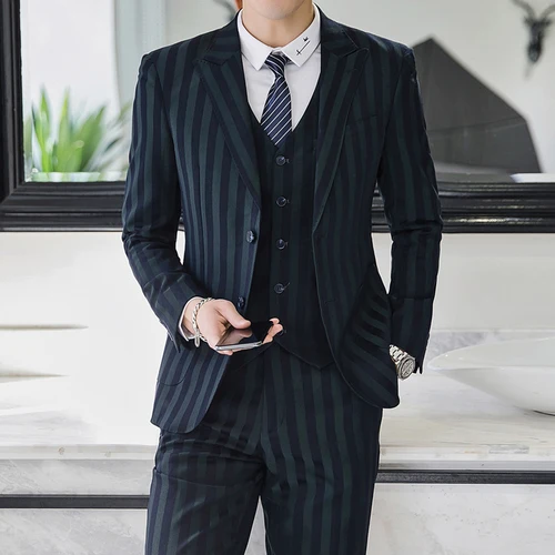 Casual Striped Suit Men korean Green business wedding Slim Fit mens suits costume homme 3 piece Plus Size 5XL blazers suit - Цвет: tu se