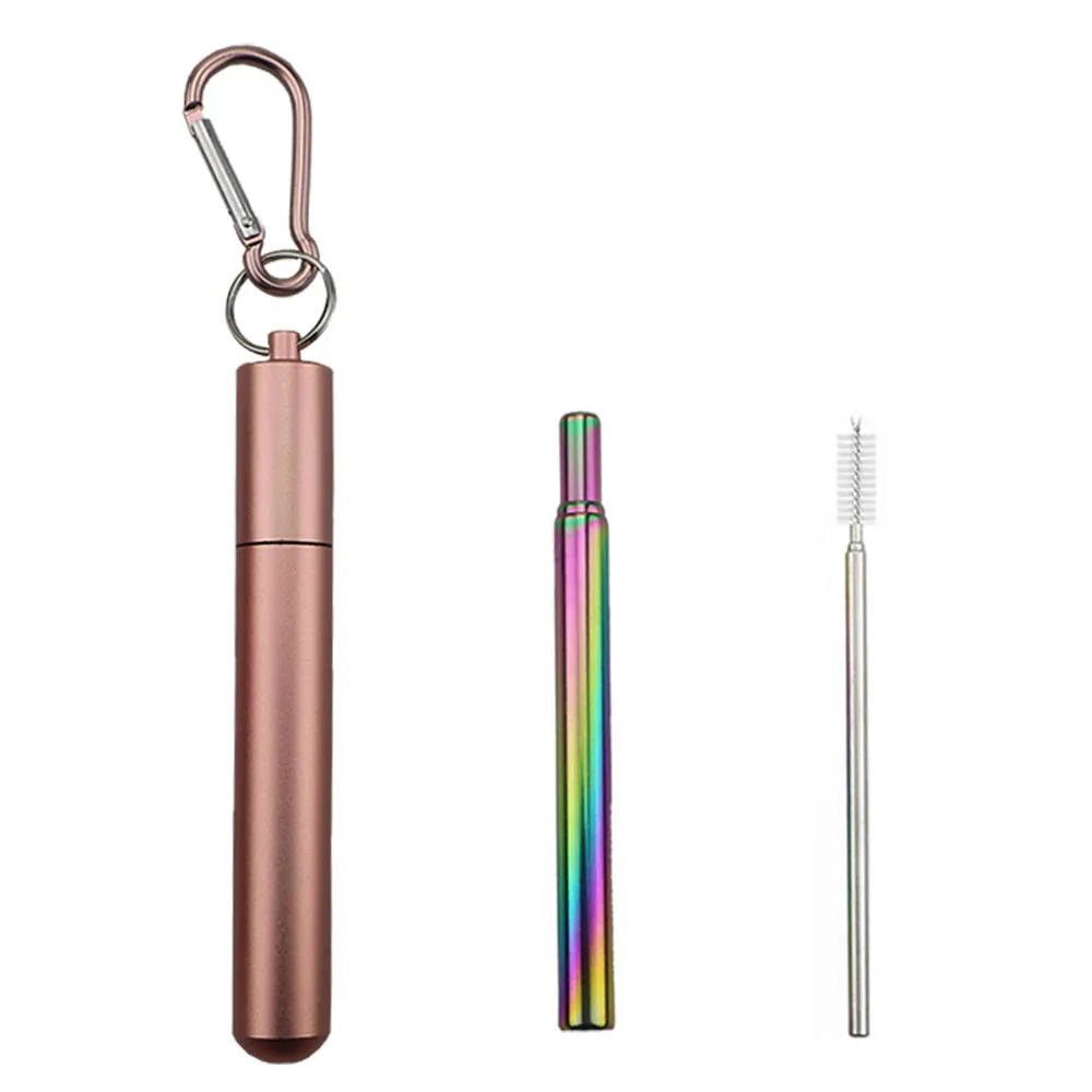 304 Складная соломинка из нержавеющей стали, многоразовая металлическая соломинка, цветная телескопическая соломинка для путешествий, соломенная щетка - Цвет: rose box rainbow