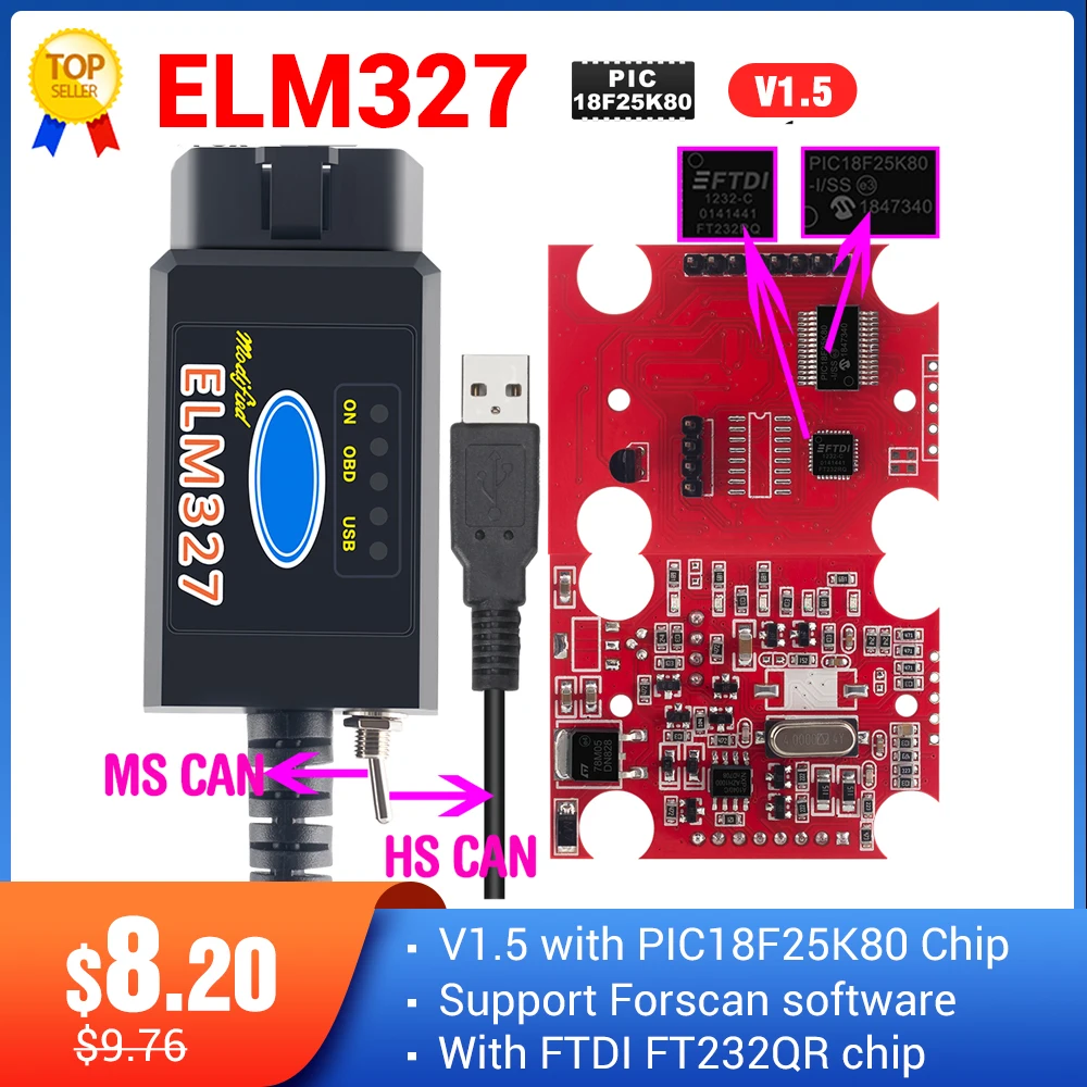 Scanner Ms Can Elm 327 Obd2 V1.5 Usb-Ftdi Hs-Can Wifi Bluetooth Super Original with Switch-Code