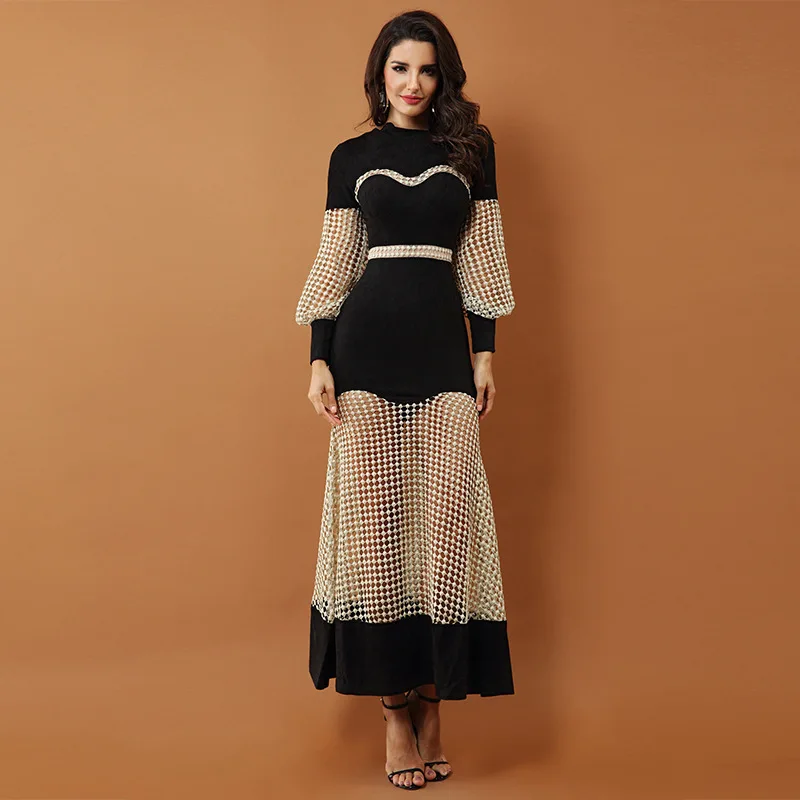 

High-end Dresses Autumn Puff Long Sleeve Ankle Length Plaid Hollow Out Empire Slim Fit Elegant Ladies Evening Party Dress Women