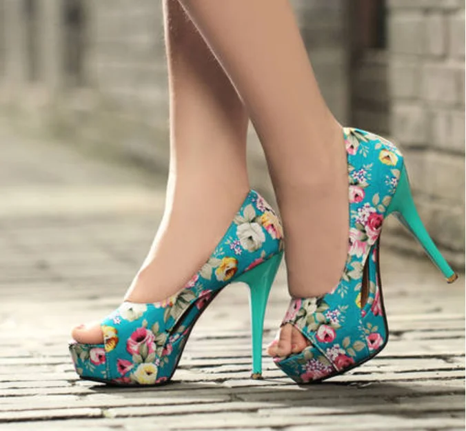

US4-10 Womens Peep Toe Platform Stilettos Super High Heel Printed Floral Low Top Shoes Pumps Mixed Colors Plus Size 3Color C754