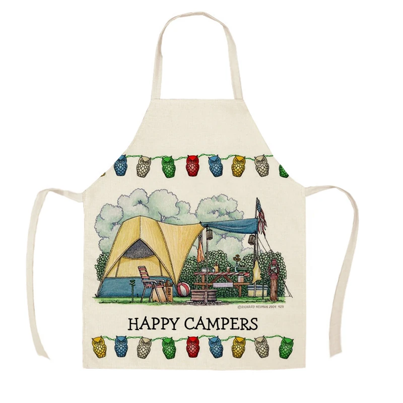 1Pcs Kitchen Apron Sketch Campers Car Printed Sleeveless Cotton Linen Aprons for Men Women Home Cleaning Tools WQ358