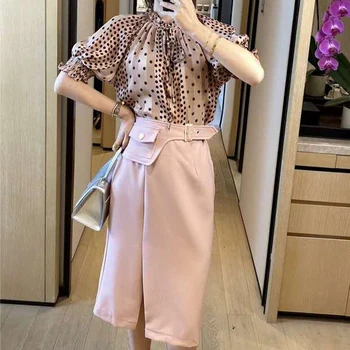 

Runway Bohemian Print Polka Dot Lantern Sleeve Bow Tie Top Elegant Half Skirt Women Two-Piece Fashion High Quality Spring Summer