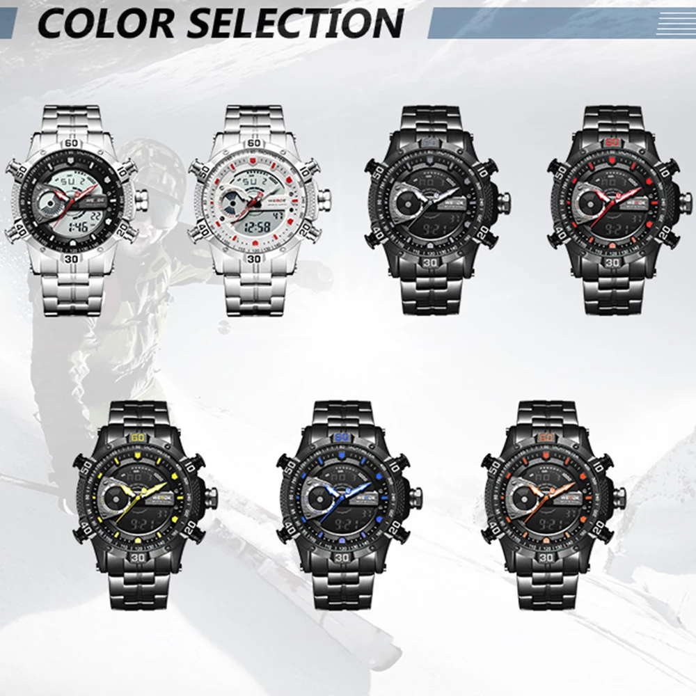 WEIDE WH6902 двойной дисплей два перемещения мужчин t кварцевые электронные мужские часы 3ATM водонепроницаемый ЖК подсветка Спорт будильник, календарь недели