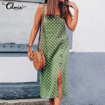 

Bohemian Celmia Women Summer Sexy Straps Sleeveless Midi Dress Casual Beach Sundress Polka Dots Party Vestidos Shirt Robe 5XL 7