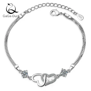 

New Creative Love Sweet Heart To Heart Fashion Jewelry 925 Sterling Silver Flash Exquisite Crystal Women Gift Bracelets B235