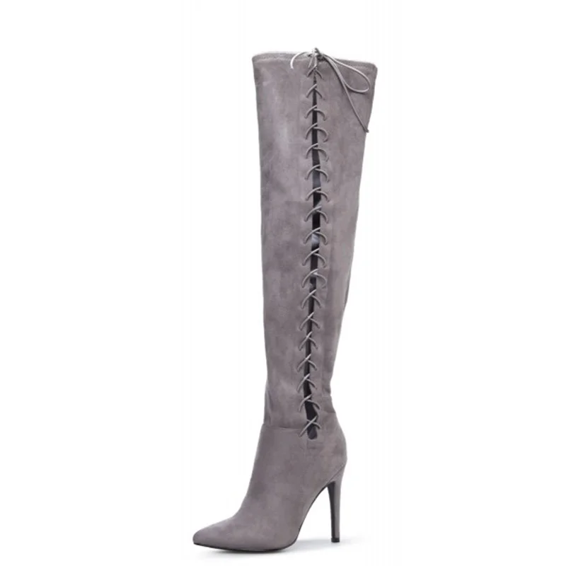

Grey Long Boots Lace Up Suede Side Thigh High Stiletto Boots Over The Knee Manufacturer Handmade Pointed Toe Women Elegant Shoes