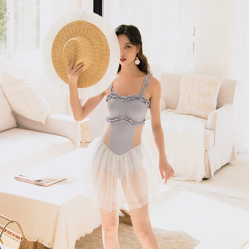 

Women's One-Piece Swimsuit Swimwear Push Up One Piece Beachwear Bikini Blue Lace Swimsuits With Skirt Bathing Suit Pad Underwire