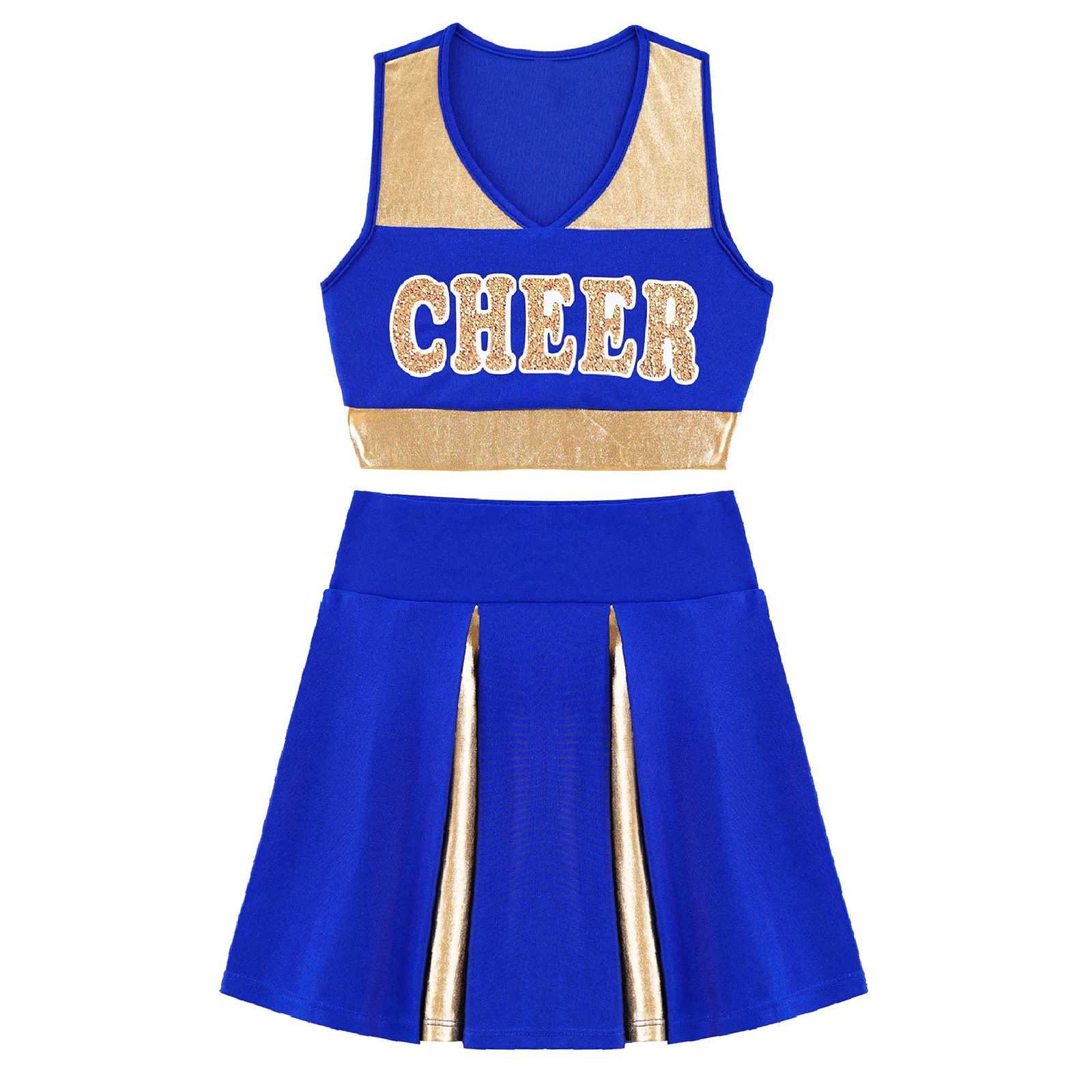 

Kids Girls Cheerleading Uniform Dancewear V Neckline Letter Print Crop Top with Elastic Waistband Skirt Toddler Girls Outfit