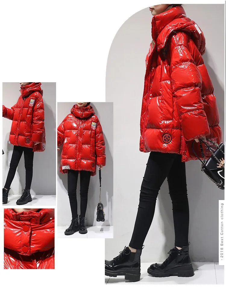 High quality Glossy Down Parkas Coat Winter Jacket Womens Warm Hooded Down Jacket Red/Black Glossy Winter White Duck Down Coats
