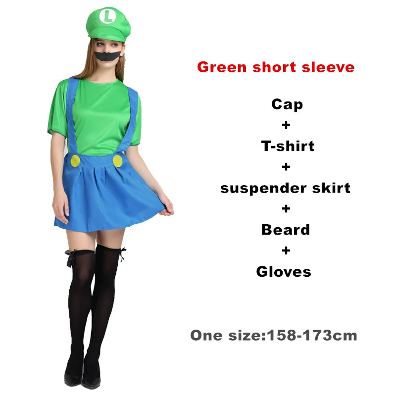 Взрослый Хэллоуин Супер Марио Детский костюм косплей семья Funy Luigi Bros сантехник Пурим костюм нарядное платье Рождественские Вечерние - Цвет: Green short sleeve