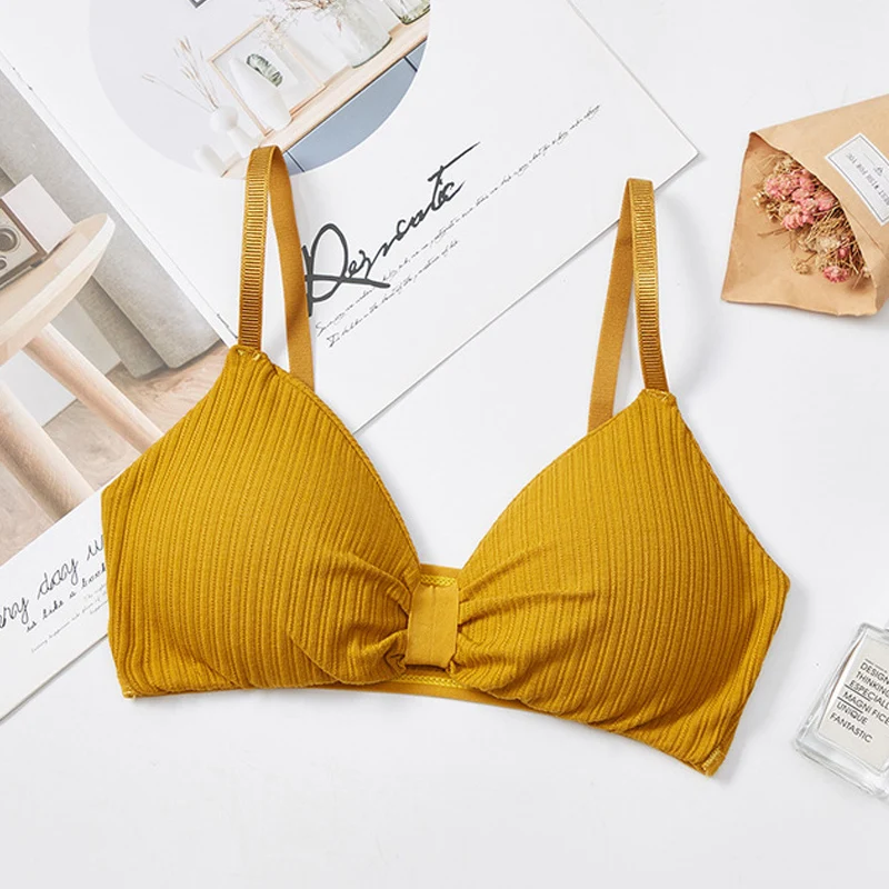Yellow Модное бесшовное нижнее белье с бантиком, сексуальные бюстгальтеры с треугольными чашечками, Женский мягкий бюстгальтер без косточек, хлопковый уютный лифчик, нижнее белье - Цвет: Yellow