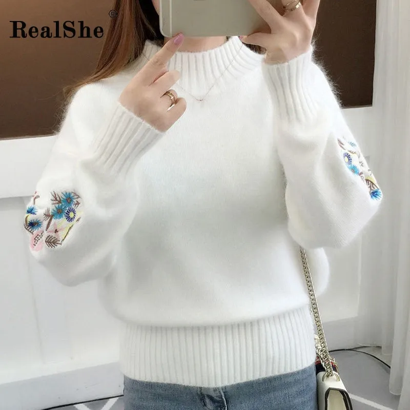 RealShe Autumn Sweater Women 2019 Turtleneck Full Sleeve Embroidery Thick Cashmere Sweater Women Elegant Fall Sweaters For Women