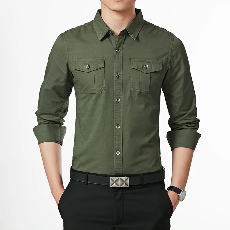 WBDDT мужские рубашки для мальчиков хлопок хаки Повседневная приталенная деловая куртка Военный длинный рукав винтажная уличная Прямая - Цвет: Green Shirt