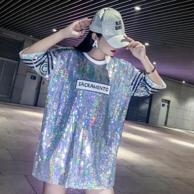 

Summer Casual Straight Geometric High Street Fashion Elegant Round Neck Black Silver Cocktail Club Party Tshirt Sequin Dress