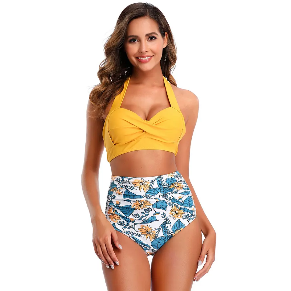 2020 Woman Black Swimwear Plus Size High Waist Bikini Big Women Bathing Suits Floral Vintage Female Sexy Bather Swimsuits