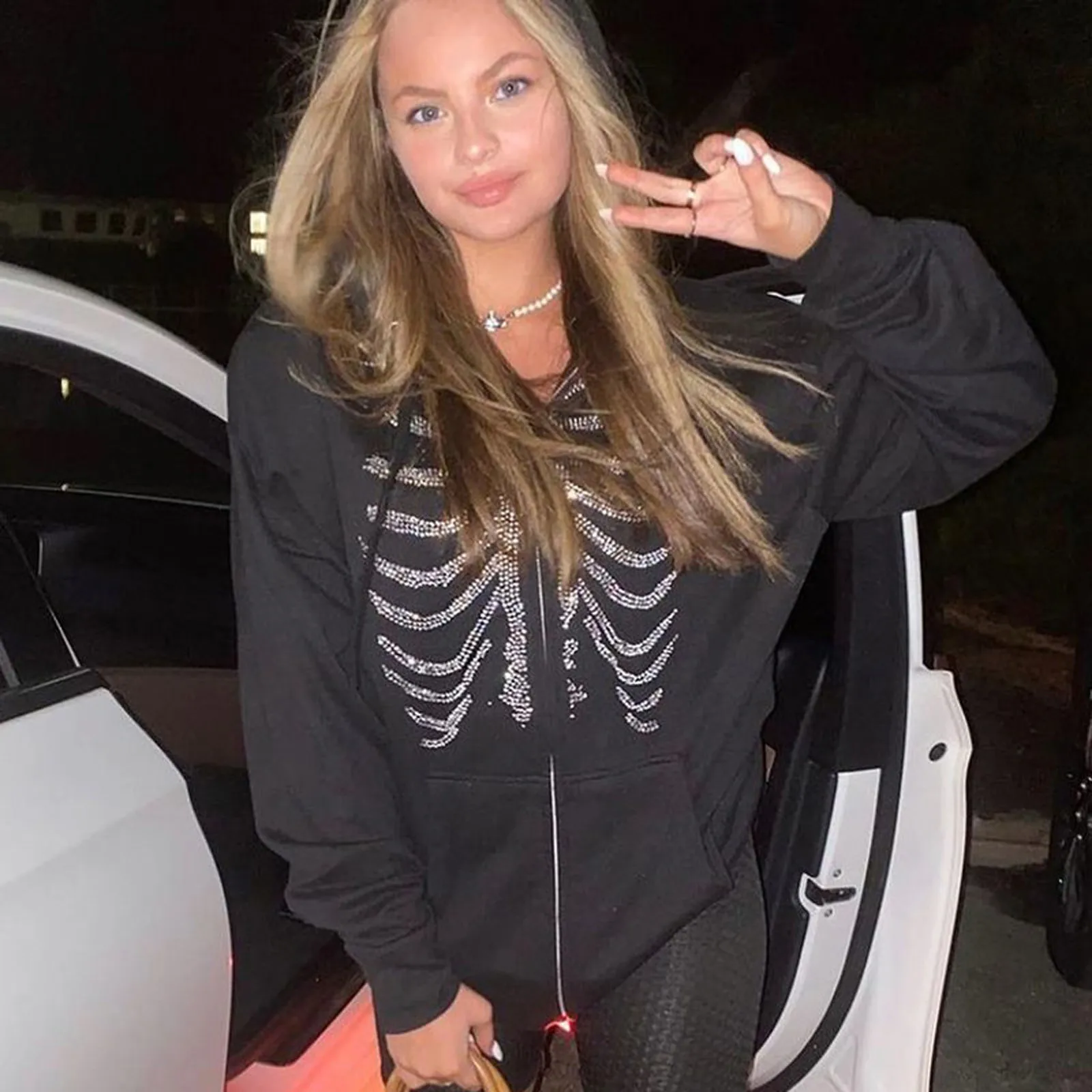 Harajuku Rhinestone Skeleton Printed Sweatshirt Jackets Oversized Long Sleeve Pullovers Top Autumn Female Hooded Sweatshirts 1