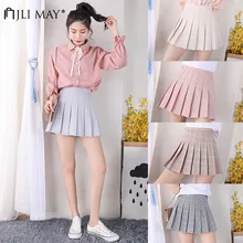 JLI мая, Осенние плиссированные клетчатые юбки, высокая талия, одноцветные, тонкие, консервативный стиль, Корейская Империя, уличная одежда, Женская короткая юбка