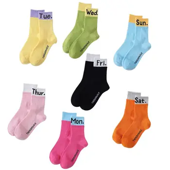 

Women Men Double Ribbed Cotton Crew Socks Neon Candy Color Patchwork 7 Days Week Letters Harajuku Skateboard Hosiery