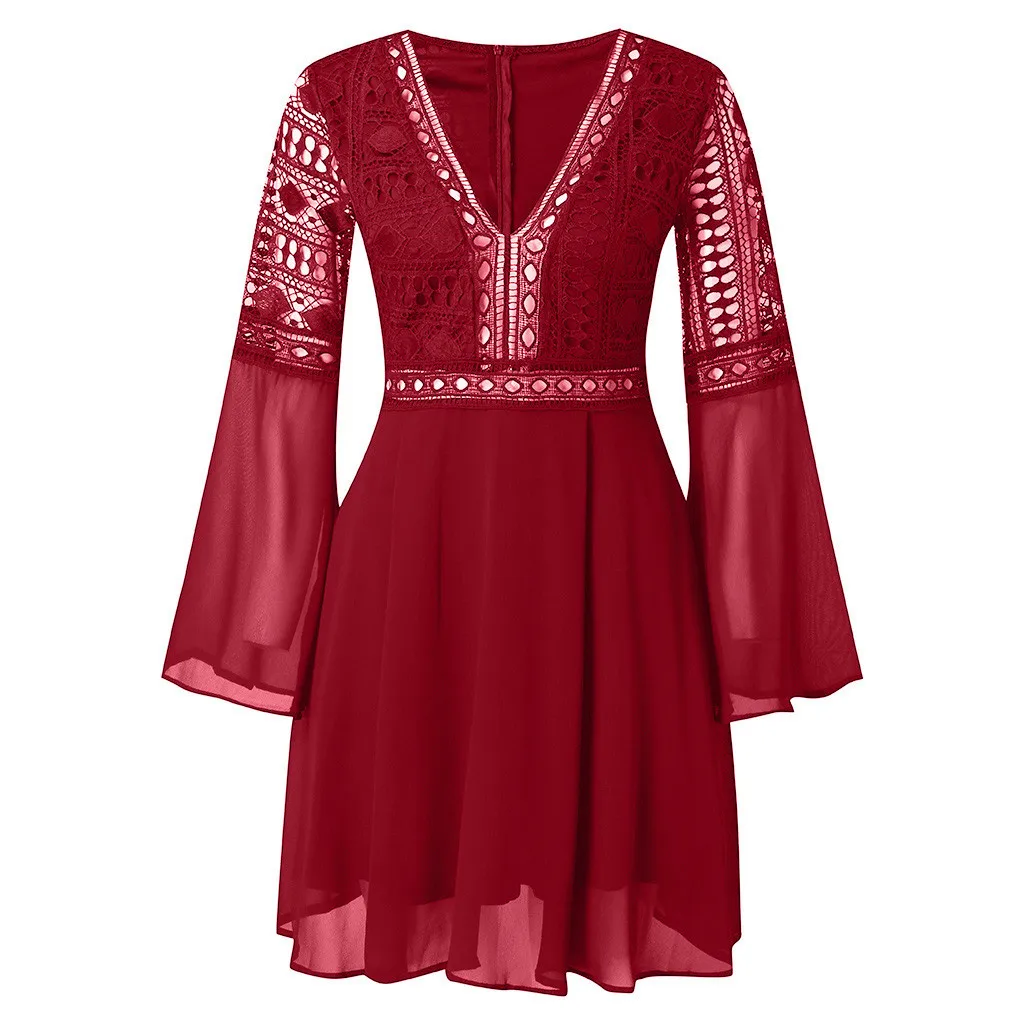 Летнее открытое белое платье, сексуальное женское Мини шифоновое платье, полупрозрачное платье с v-образным вырезом и длинным рукавом, вязаное кружевное платье vestidos# J30 - Цвет: Red